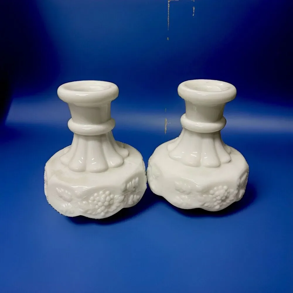 Vintage Westmoreland Paneled Grape Milk Glass Candlesticks Pair 4 Inch